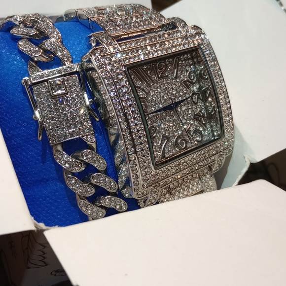 Heavy big masculine watch lamb Diamond simulated bracelet gift set gold plated s